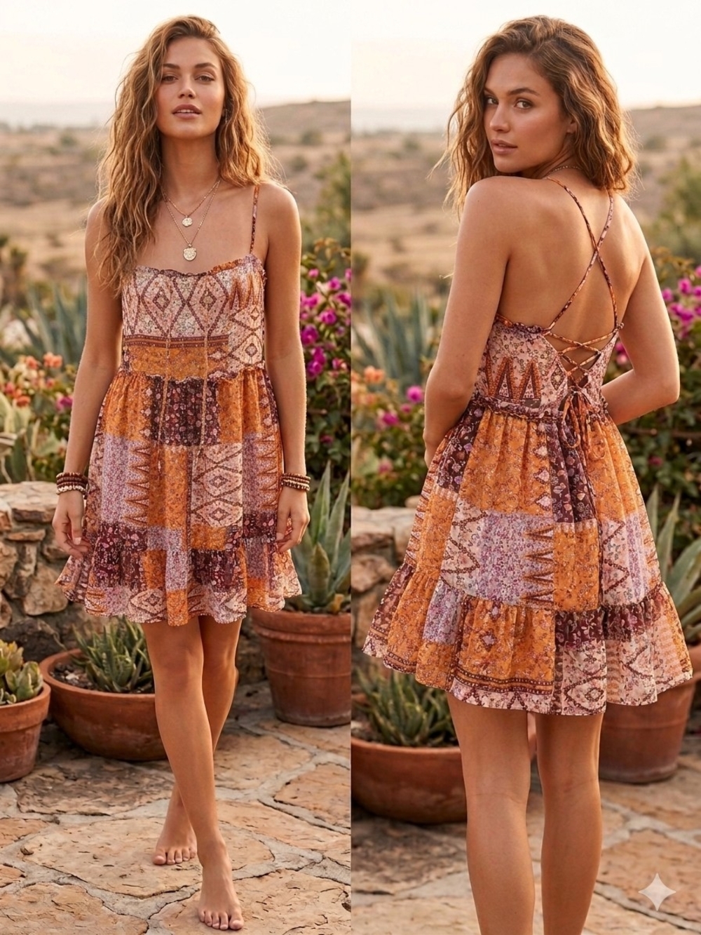 Illa Illa Boho Mixed Floral Patchwork Lace-Up Mini Dress M